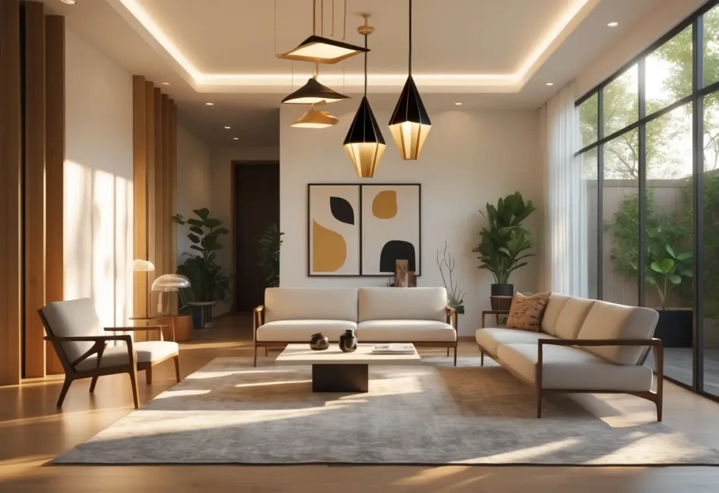 A bright living room with modern pendant lamps, a sofa, coffee table, and large windows letting in natural light.