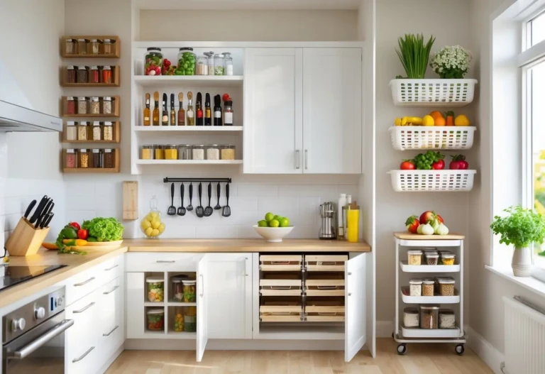 A kitchen showing six small storage solutions including spice racks, magnetic knife strips, hanging baskets, pull-out drawers, stackable containers, and a slim rolling cart.