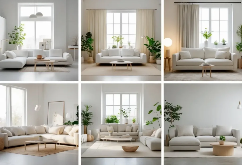 Six different living rooms with simple furniture, neutral colors, natural light, and minimal decorations.