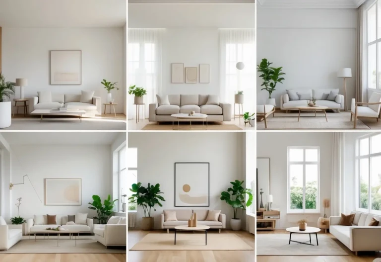 Seven different minimalist living rooms with simple furniture and natural lighting.