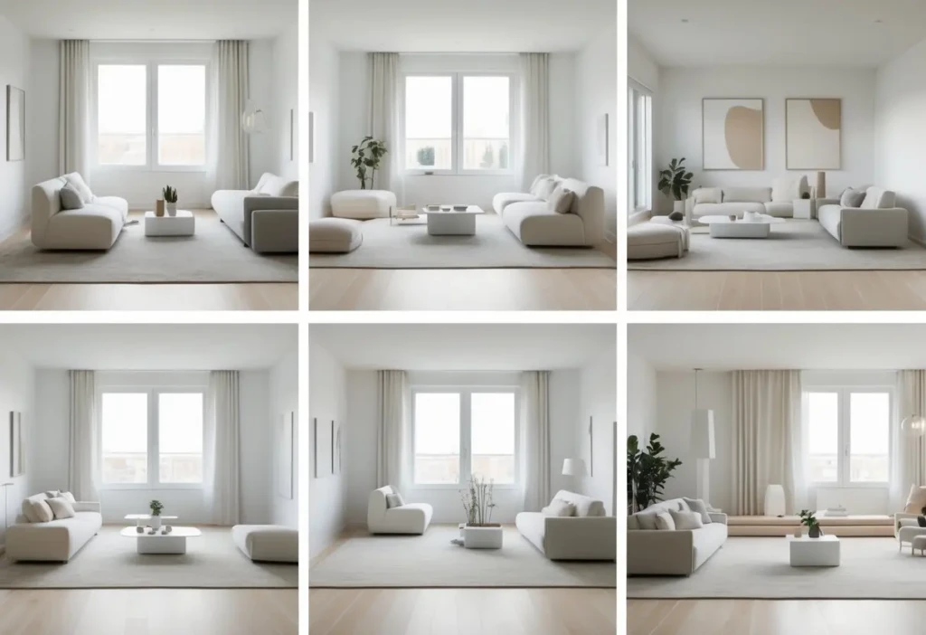 A bright and spacious living room with six seating areas, featuring modern furniture, large windows, and minimal decorations.