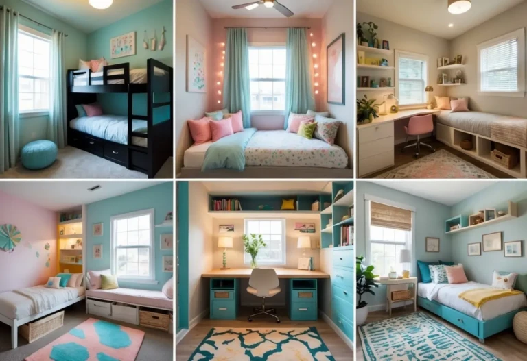 Six small bedrooms designed for teenagers, each with compact furniture, study areas, colorful decor, and organized layouts.