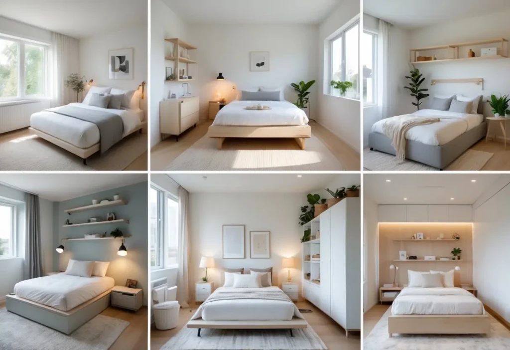 Seven small bedrooms arranged together, each showing different furniture and layout ideas for compact sleeping spaces.