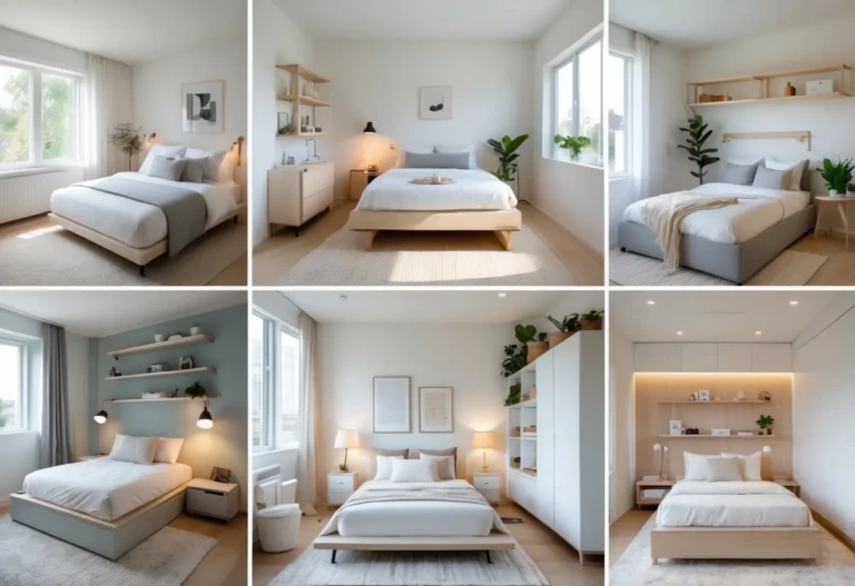 Seven small bedrooms arranged together, each showing different furniture and layout ideas for compact sleeping spaces.