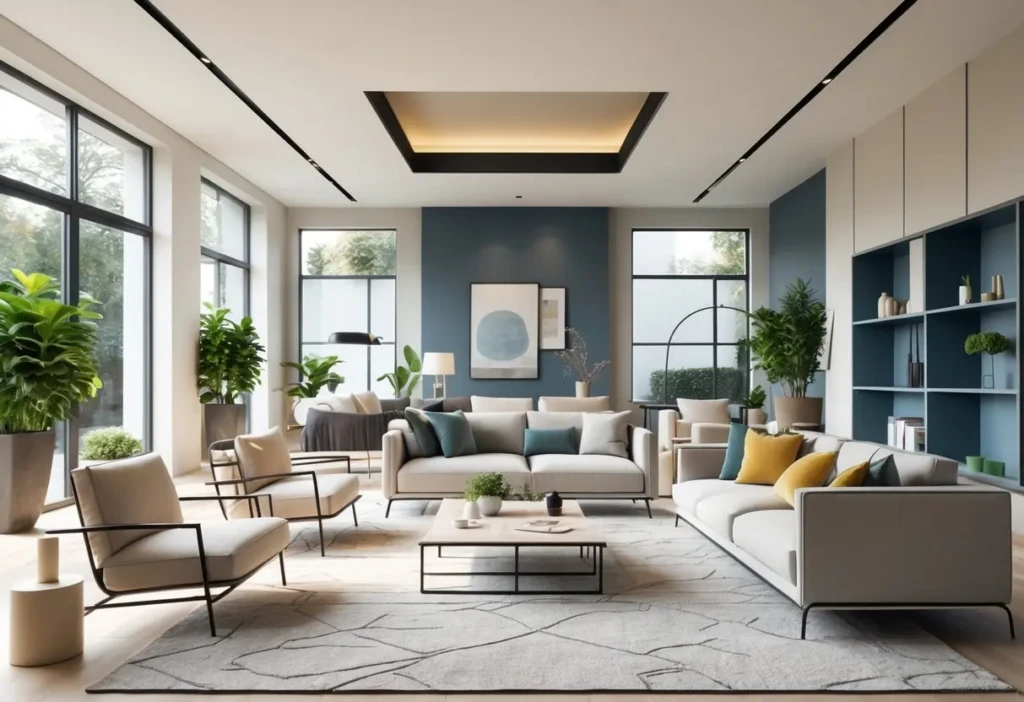 A spacious interior showing seven different modern living room setups with sofas, tables, plants, and decorative elements.