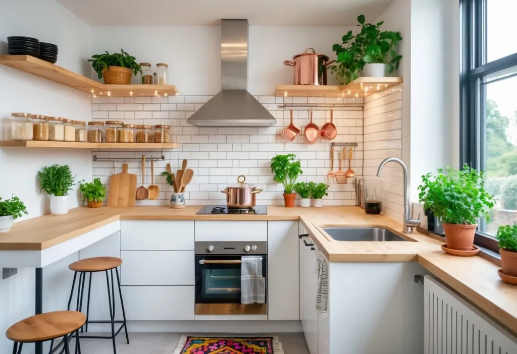 A small modern kitchen showing shelves with jars, a kitchen island with stools, hanging pots, under-cabinet lighting, a patterned rug, a magnetic knife strip, and potted herbs on the windowsill.