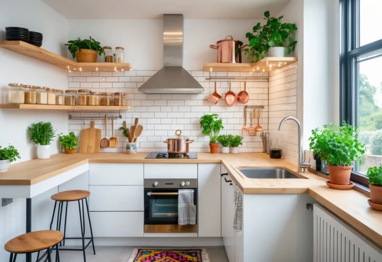 A small modern kitchen showing shelves with jars, a kitchen island with stools, hanging pots, under-cabinet lighting, a patterned rug, a magnetic knife strip, and potted herbs on the windowsill.