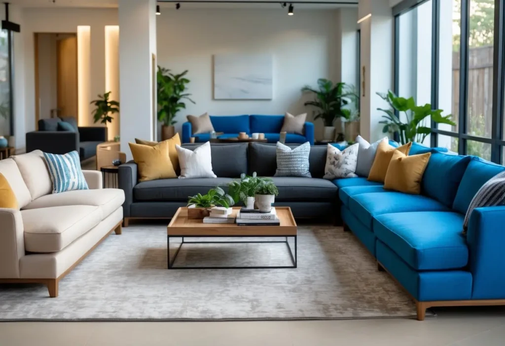 A living room with multiple sofas arranged around a coffee table, featuring natural light and indoor plants.