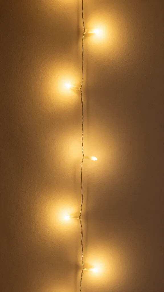 Closeup of a wall fairy-light strand glowing warm amber, single strand centered