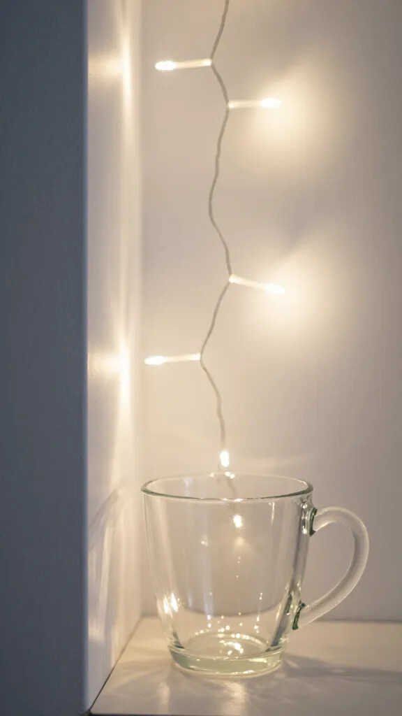 Closeup of soft white fairy lights on wall, bokeh glow on glass bedside mug