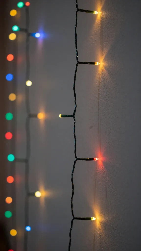 Closeup of multi-colored fairy lights on wall, shallow depth of field, single strand detail