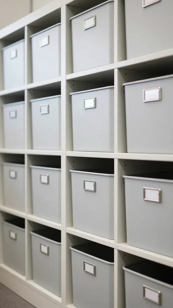 Closeup of a floor-to-ceiling filing shelf with labeled bins