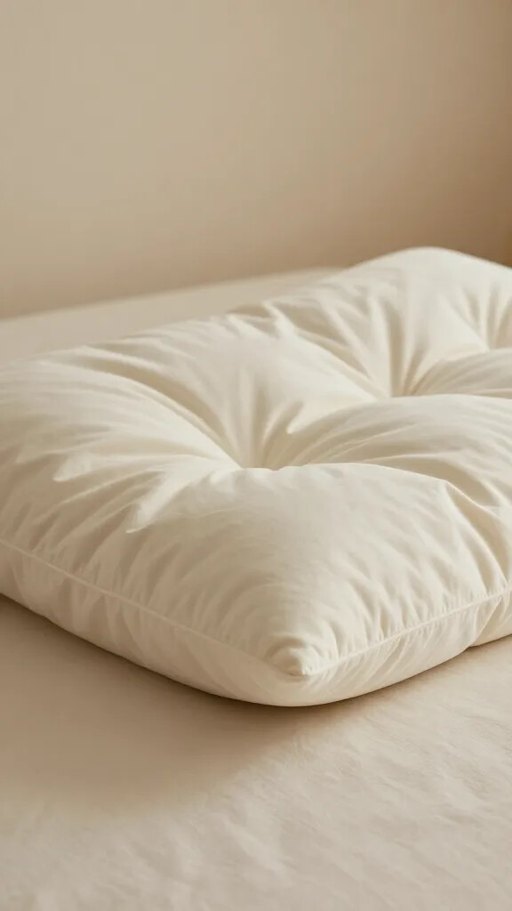 Closeup: boucle pillow on neutral bed backdrop with warm lighting