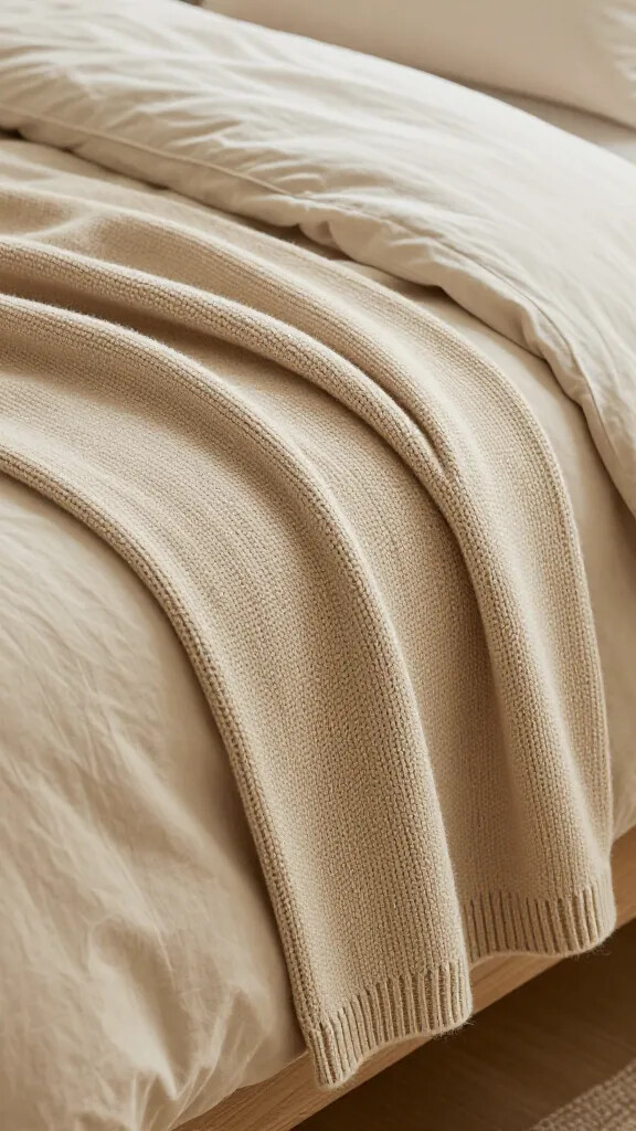 Closeup: knit throw on edge of bed with sand-toned sheets