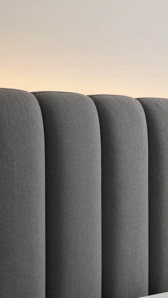 Closeup: bold headboard accent in warm gray with soft ambient glow