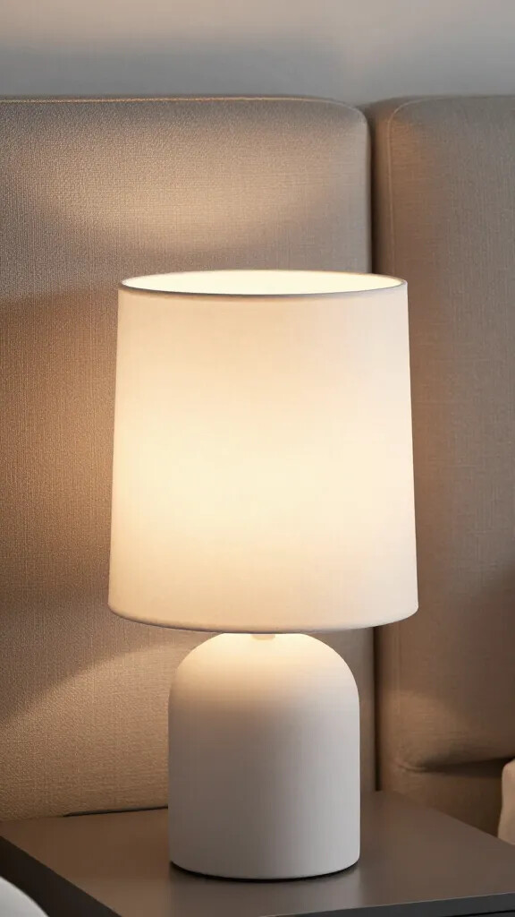Closeup of a sculptural bedside lamp casting calm light on a neutral headboard