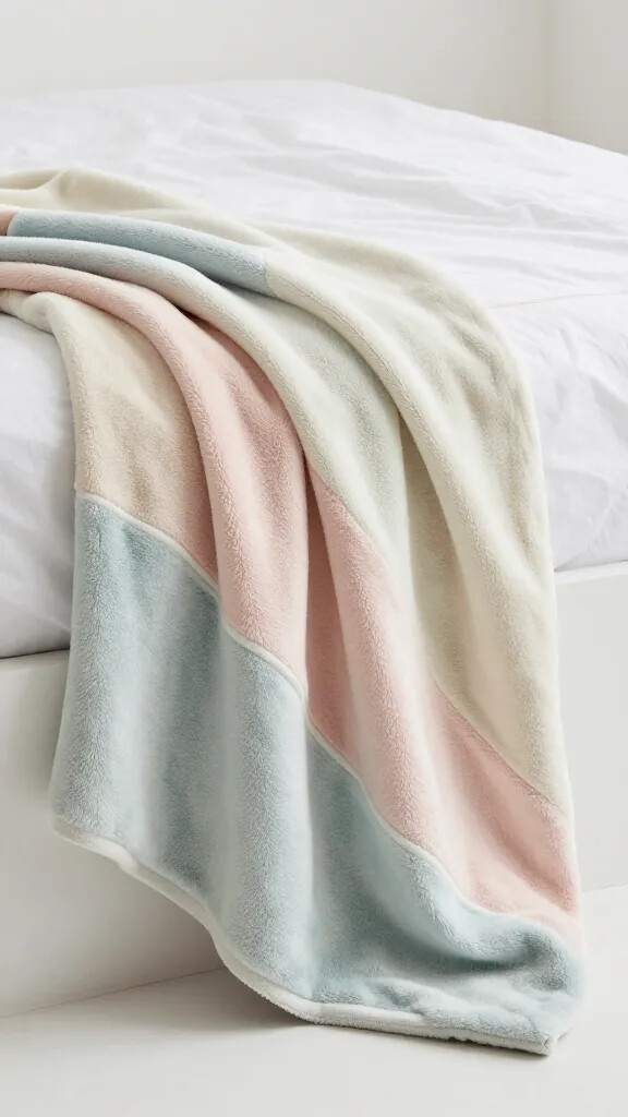Closeup of a soft pastel throw blanket draped over a minimalist bed