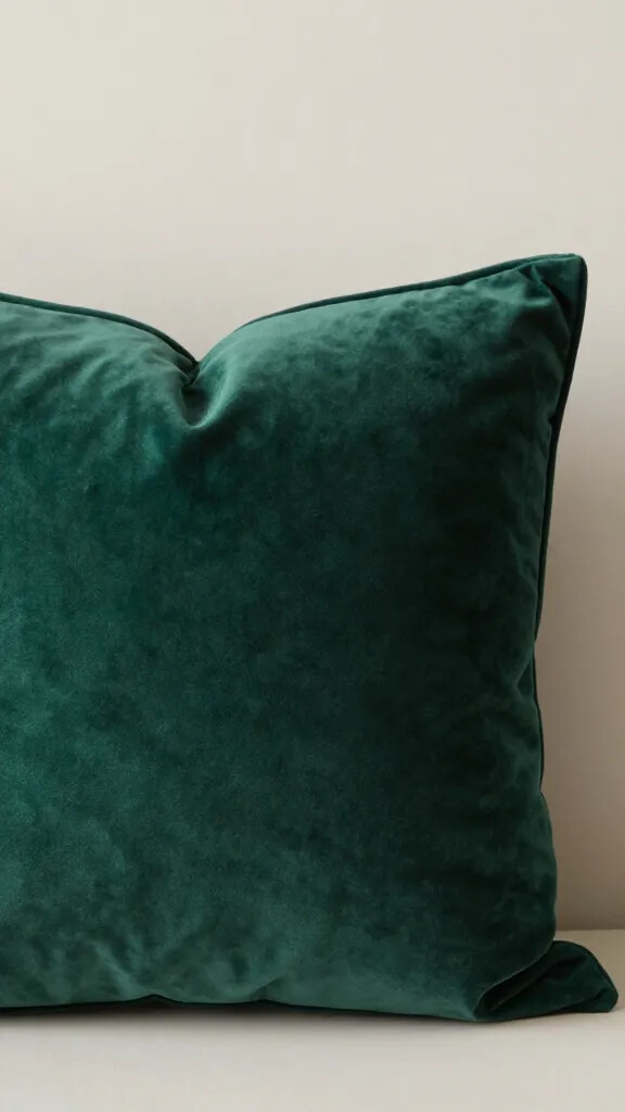 Closeup of an inky green velvet pillow against a quiet neutral wall backdrop