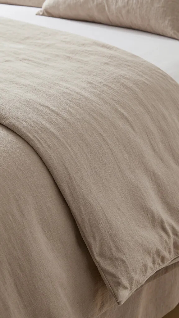closeup of taupe linen bedsheet texture with velvet throw corner