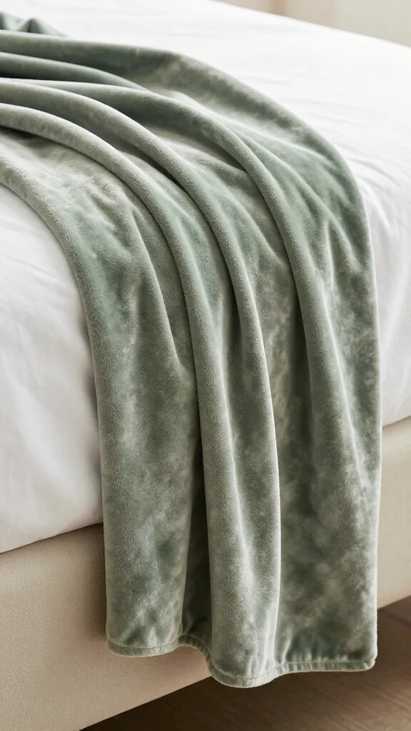 closeup of sage velvet throw draped over neutral bed edge