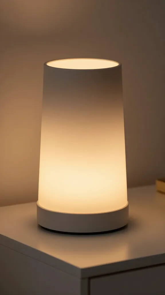 closeup of warm gray bedside lamp glow on oat-toned nightstand surface
