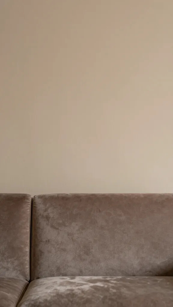 Closeup of warm taupe wall behind a velvet sofa