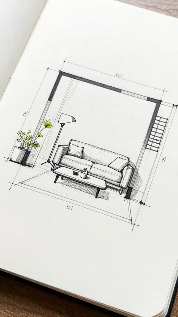 closeup of a sketchbook page with living room layout diagram