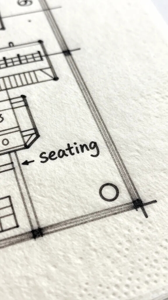 closeup of a labeled "seating" zone on a napkin sketch plan