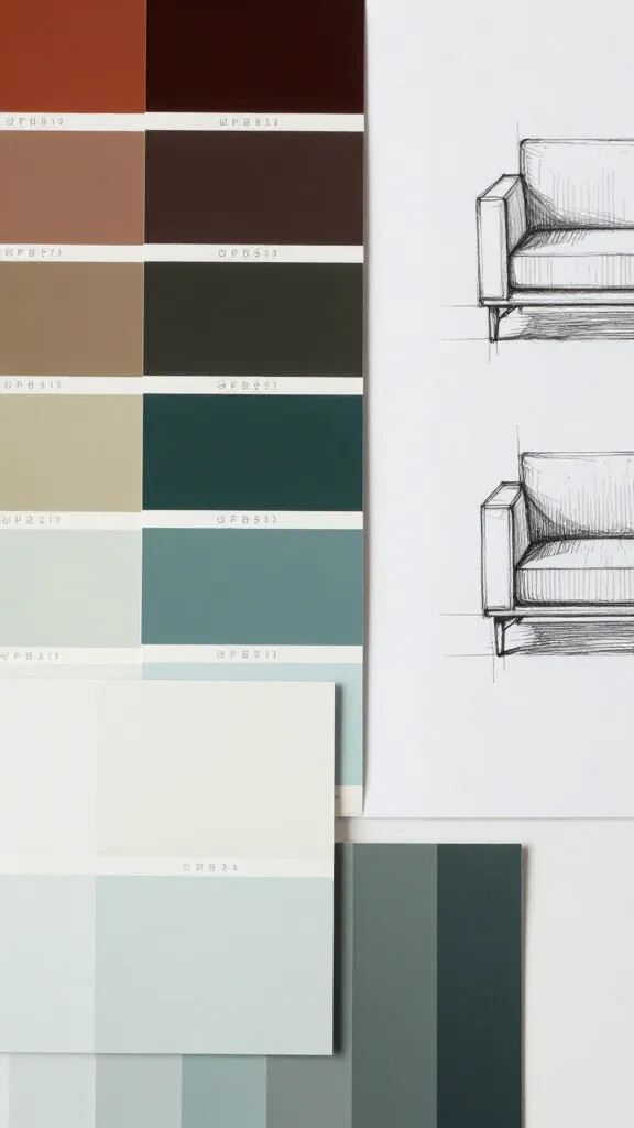 closeup of a color swatch mood board next to a furniture layout sketch