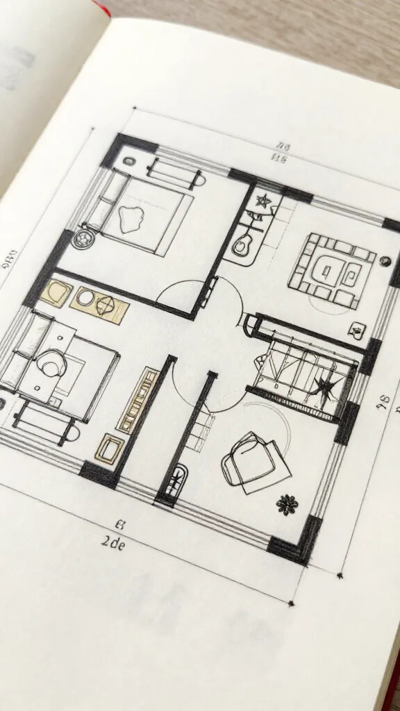 closeup of a detailed hand-drawn living room floor plan on notebook