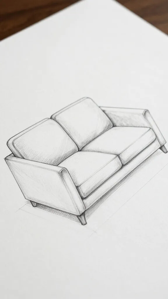 focused shot of a scaled, pencil-drawn sofa placement layout