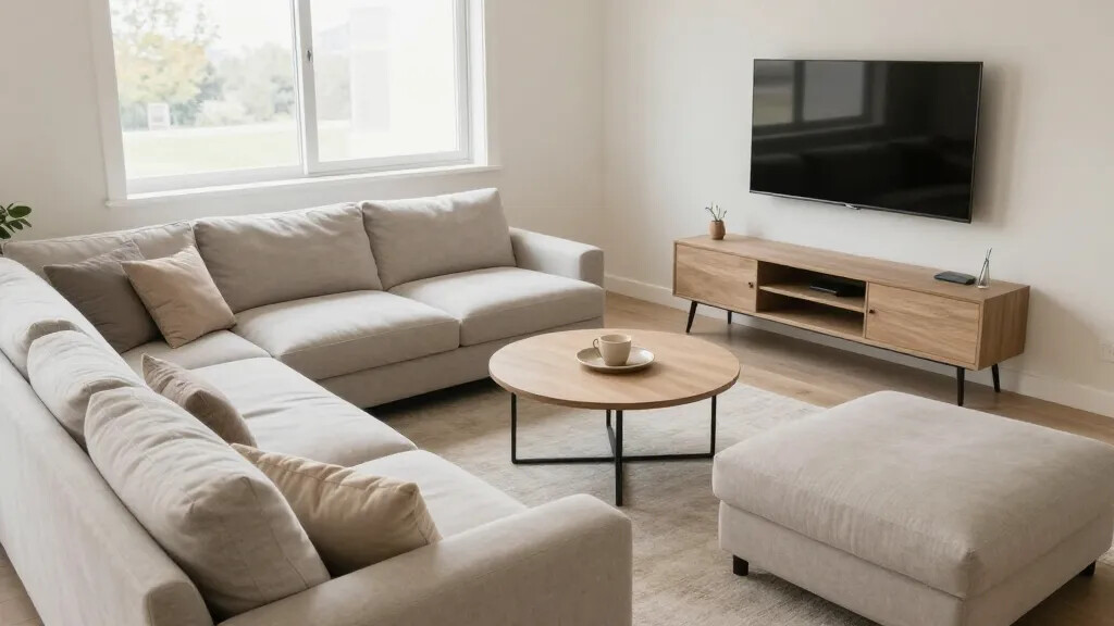 A compact living room featuring a low-profile modular sectional in a light neutral fabric, arranged to create a cozy lounging nook around a small round coffee table, with a slim-legged media console and a wall-mounted TV, natural light from a nearby window, and a soft, cohesive color palette.