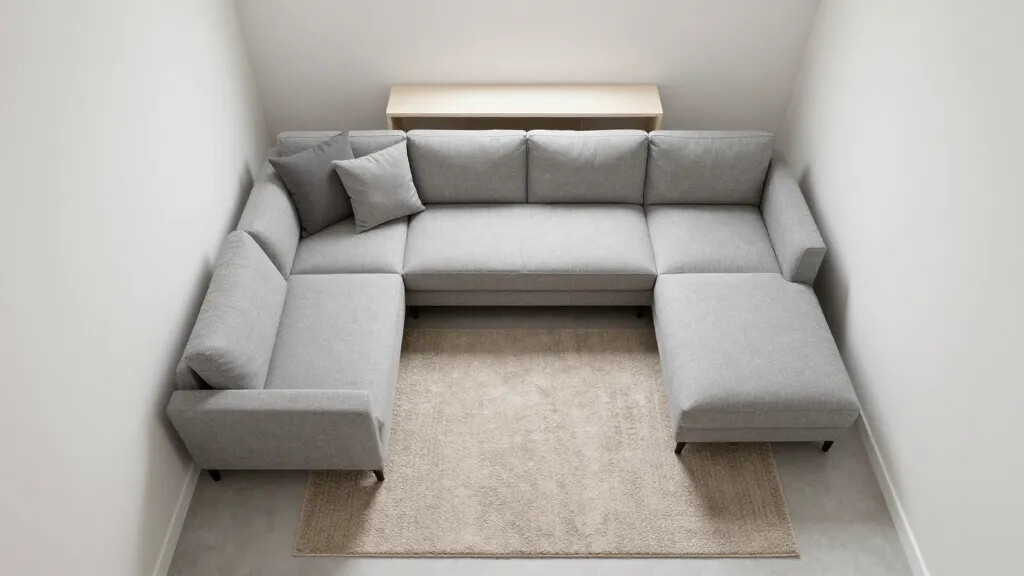 A top-down layout shot of a small living room showing a sectional placed against two walls to anchor the space, with a slim chaise extending into the room, a narrow console behind for a gentle traffic flow, and a rug that visually unites seating without overwhelming the footprint.