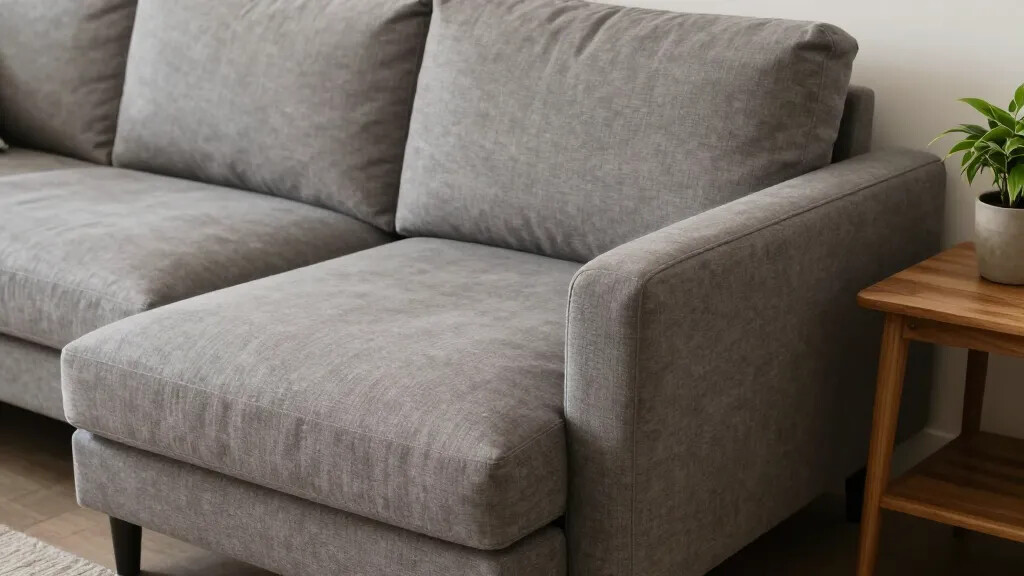 A close-up of a slim-back, low-profile sectional arm with a chaise option in a warm gray fabric, paired with a compact wooden side table and a potted plant, emphasizing scale and proportion in a tight space.