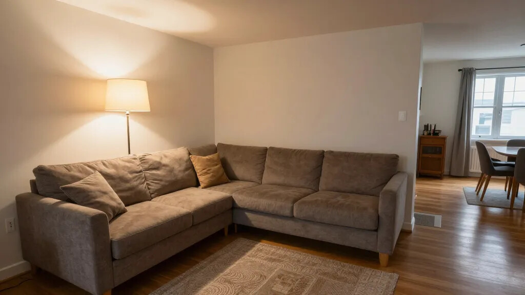 An angled interior shot of a small living room highlighting a wedge-shaped sectional corner, a cozy reading nook with a floor lamp, and open sightlines to an adjacent dining area to illustrate flow.