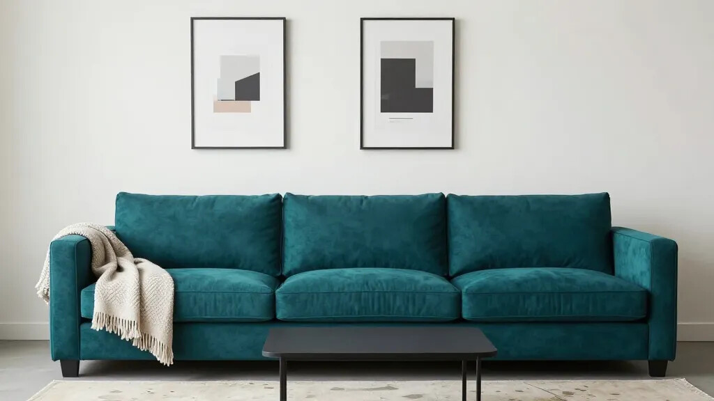 A décor-focused scene showing a sectional in a bold accent color (e.g., deep teal) against pale walls, with minimalist art, a single textured throw, and a compact coffee table to demonstrate color balance in a small footprint.