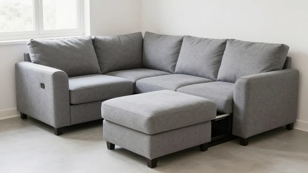 A daylight-filled shot of a small living room with a low-profile sectional, an ottoman that doubles as extra seating, and a hidden storage solution under the seating, keeping the space tidy and functional.