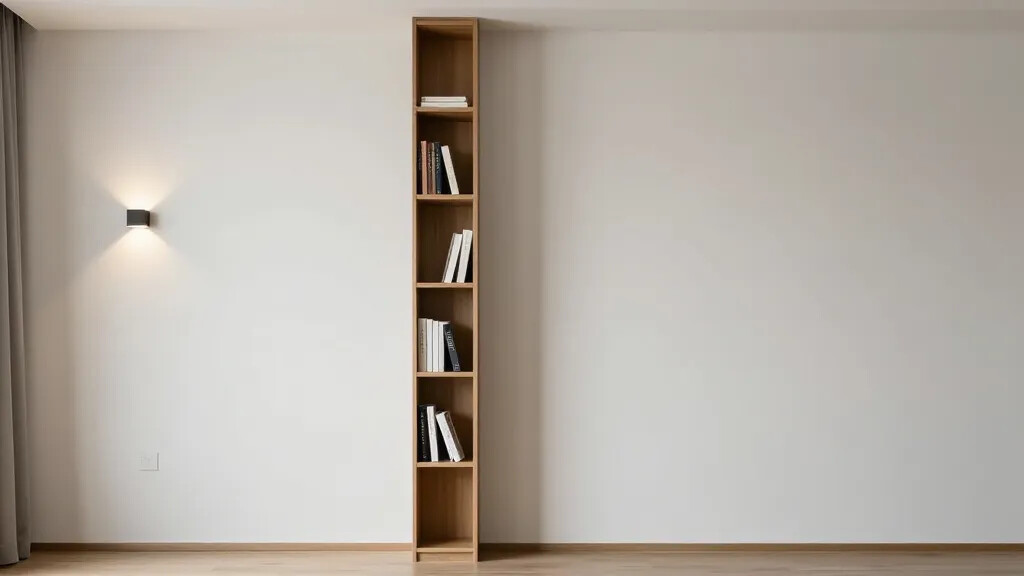 A vertical shot emphasizing vertical space: a sectional with a slim back, tall narrow bookshelf, and wall-mounted lighting, illustrating how to maximize height without crowding the floor.