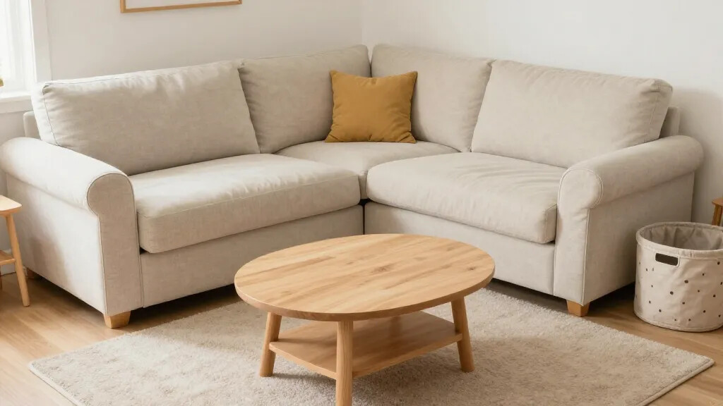 A cozy, kid-friendly small living room layout: a sectional with washable slipcovers, a durable coffee table, round edges for safety, and accessible storage bins tucked nearby for practical everyday use.