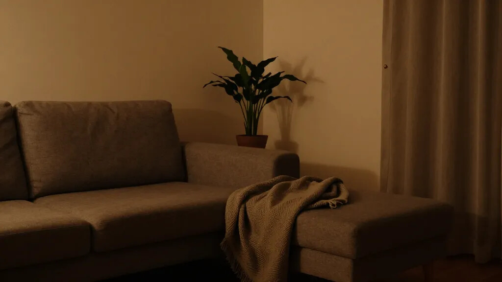 A night-time ambiance scene: the same small living room arrangement with warm ambient lighting, a muted color palette, a throw blanket draped over the chaise, and a single focal plant to convey a serene, compact living environment.