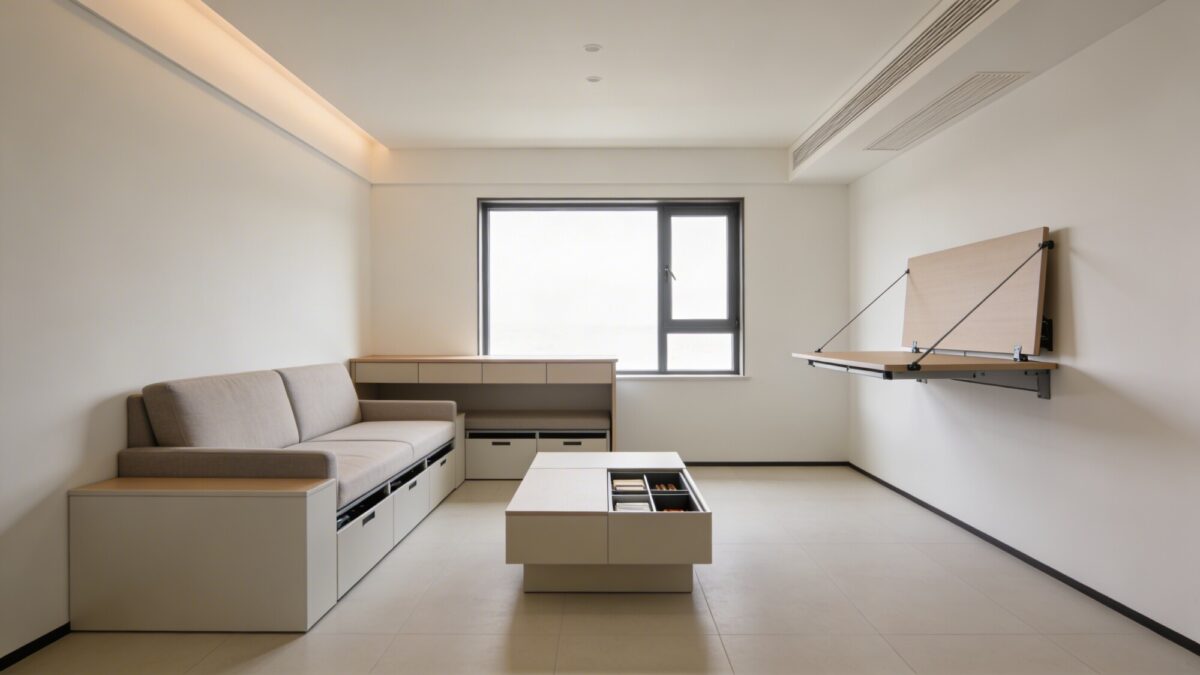 A modern small living room in soft neutral tones with a slim, multi-functional setup: a sofa with hidden storage, a wall-mounted fold-down desk, a slim console behind the sofa, and a coffee table with integrated storage, all arranged to maximize breathing room and minimal clutter.