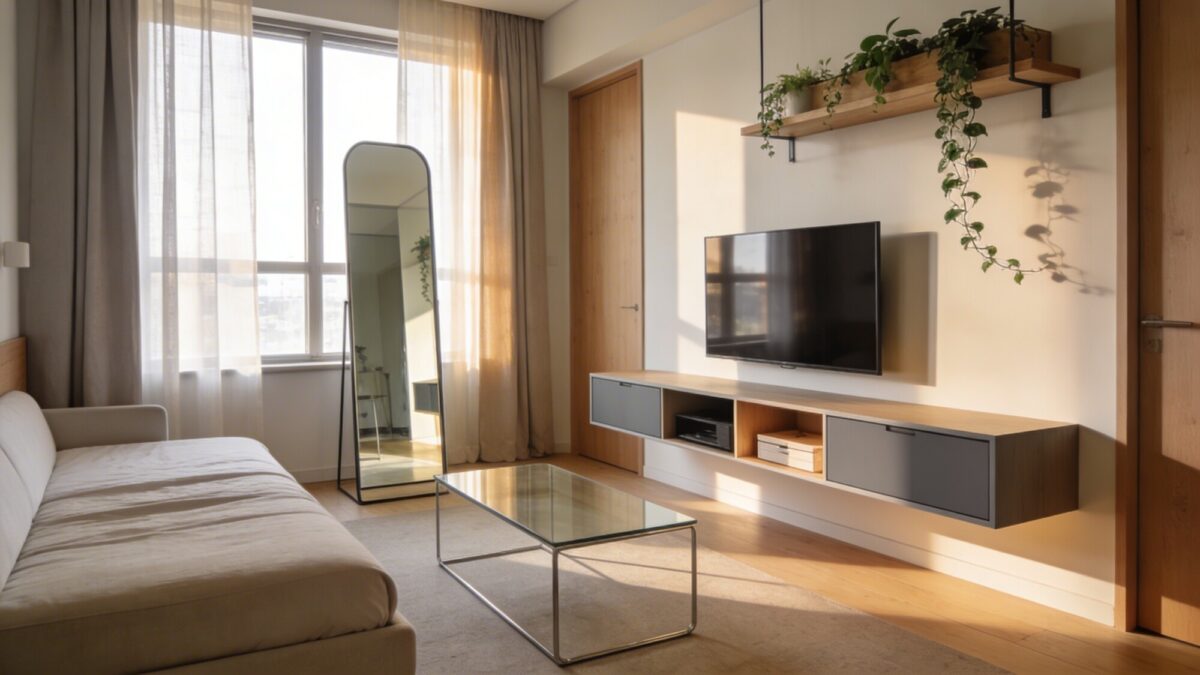 A chic tiny living space featuring a sofa bed, a floating media console, and a narrow glass coffee table; include plants on a high shelf, warm natural light from a large window, and a mirror placed to reflect light across the room.