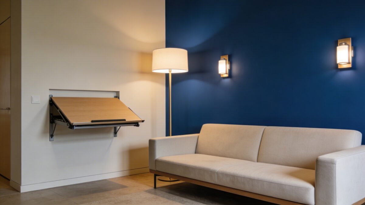 A contemporary small living room with an accent wall in a bold yet inviting color, surrounded by light neutrals; include a sleek sofa, a wall-mounted desk that folds away, and layered lighting from floor lamp and wall sconce, no clutter.