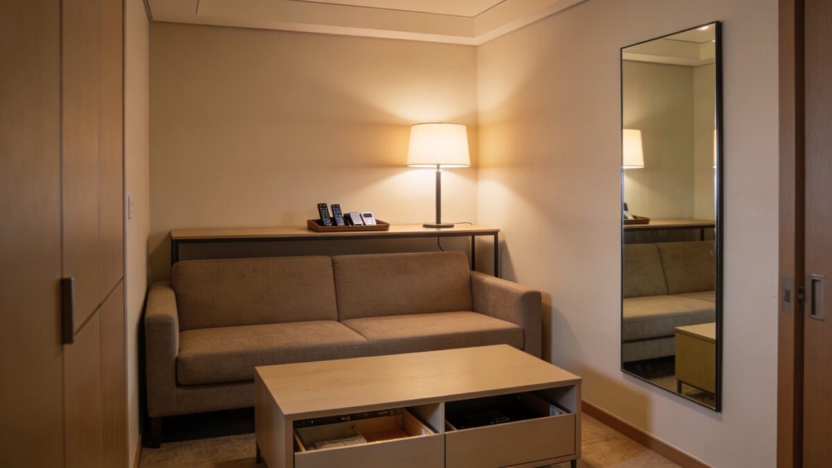 A compact living room with a slender console behind a sofa used to hold lamps, a tray for remotes and chargers, and a coffee table with hidden storage; add a tall mirror to double light and create an illusion of space.