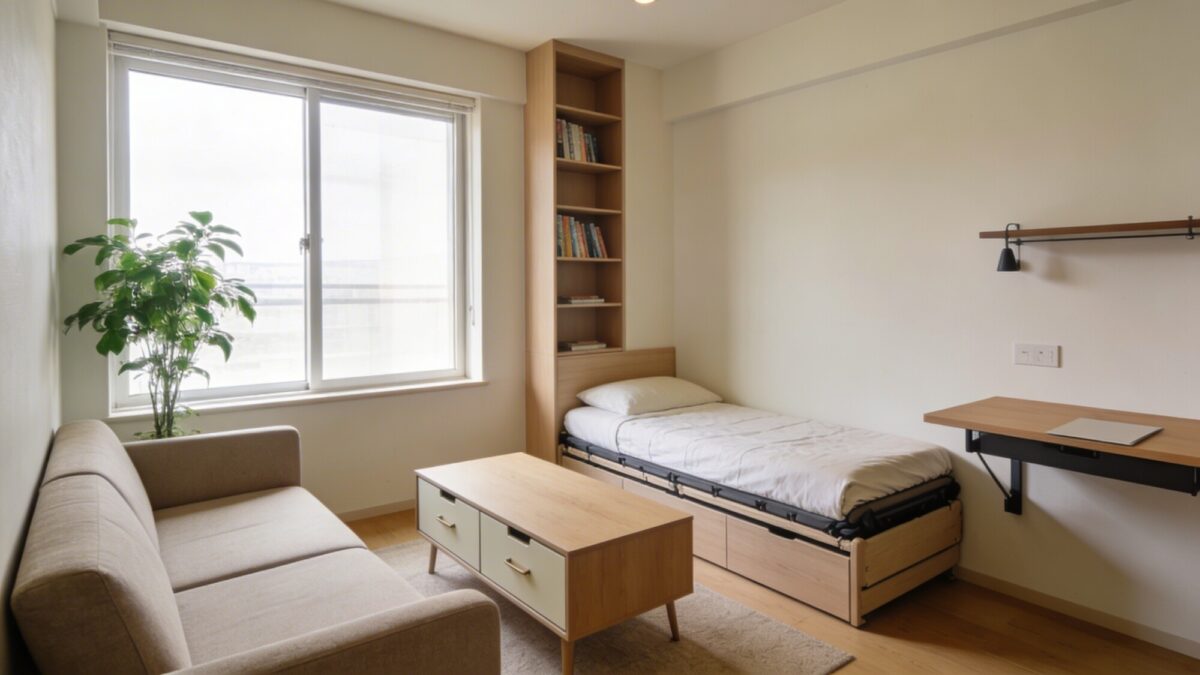 A small living space showcasing multifunctional furniture: a sofa that folds into a bed, a coffee table with drawers, a wall-mounted desk, and a slim bookshelf; natural light pouring in from a large window and a touch of greenery.