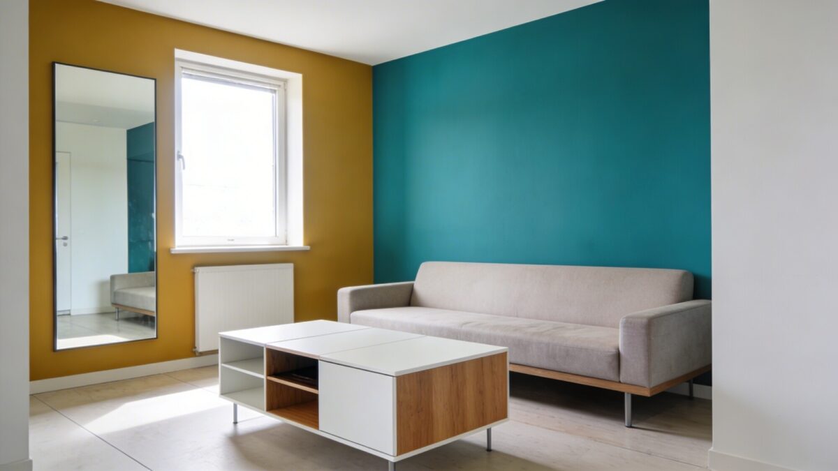An airy small living room with a punchy accent wall, large mirror opposite a bright window, a low-profile sofa, and a modular coffee table with built-in storage; ensure clear pathways and minimal clutter.