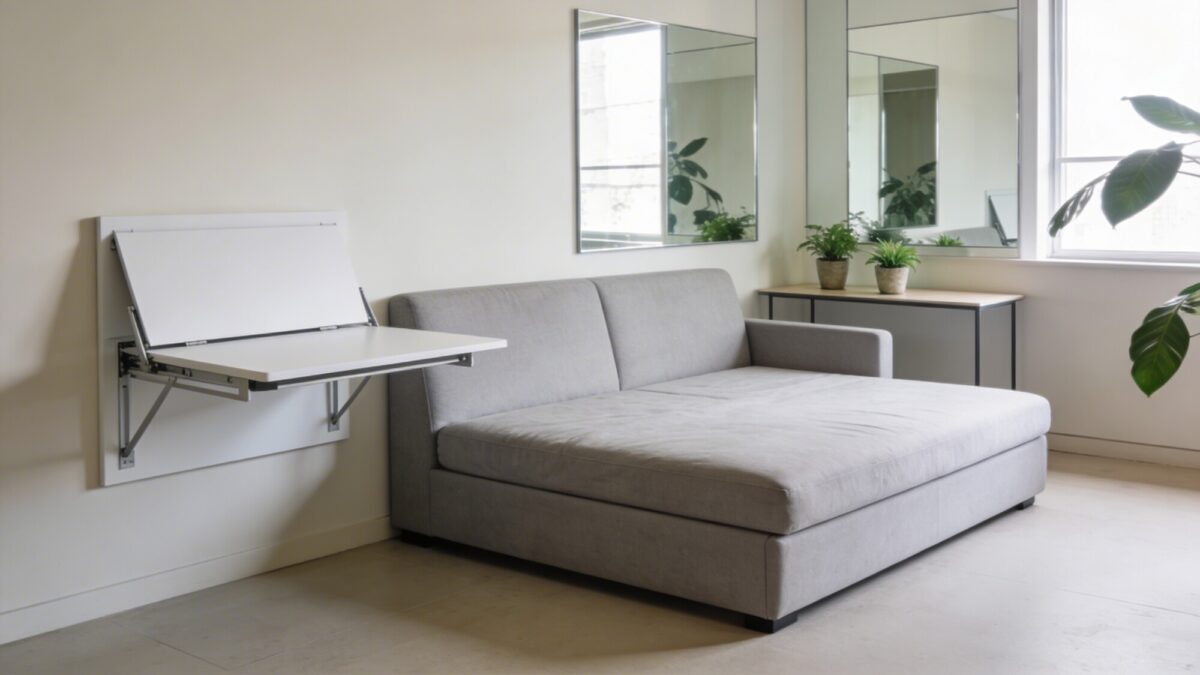 A modern studio-style living area featuring light neutrals, a sofa bed, a fold-down wall desk, a slim console behind the sofa with plants, and a reflective mirror to amplify natural glow and space.
