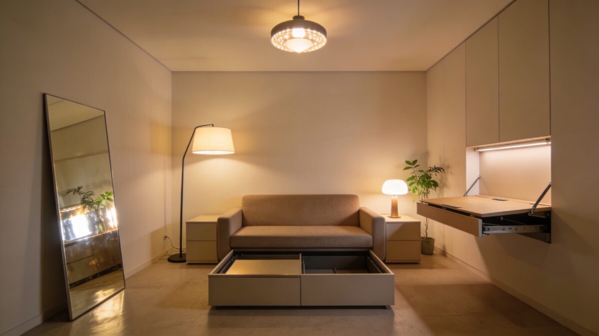 A space-smart tiny living room showing layered lighting (floor lamp, table lamp, ceiling fixture) around a compact sofa, a hidden-storage coffee table, and a wall-mounted desk that tucks away; include subtle plant accents and a second reflective surface to bounce light.