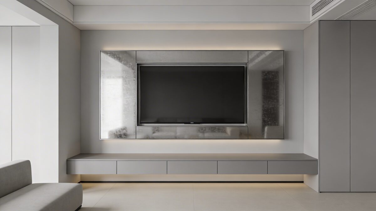 A compact living room with a wall-mounted, ultra-thin TV seamlessly blended into a pale gray wall, framed by a subtly reflective wall panel, no visible cables, soft ambient lighting, and a low-profile floating media console beneath.