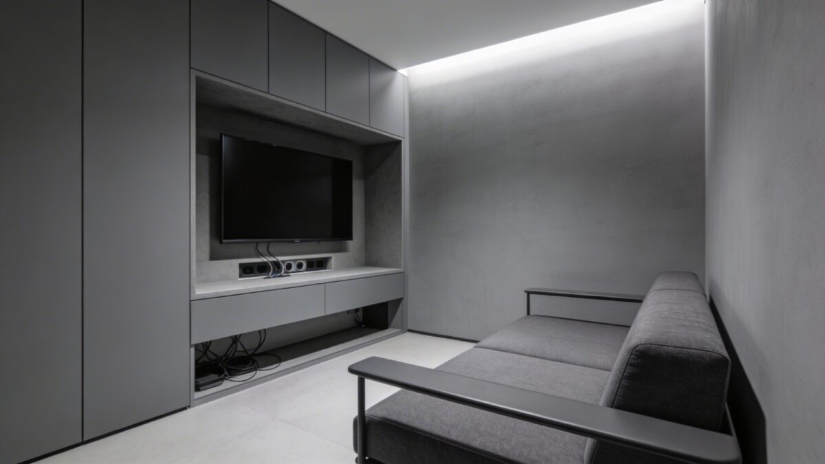 A tiny living space featuring a slim, modern sectional sofa with narrow arms, facing a wall-mounted TV in a recessed alcove, with a monochromatic palette and hidden cable channels along the back of the console.